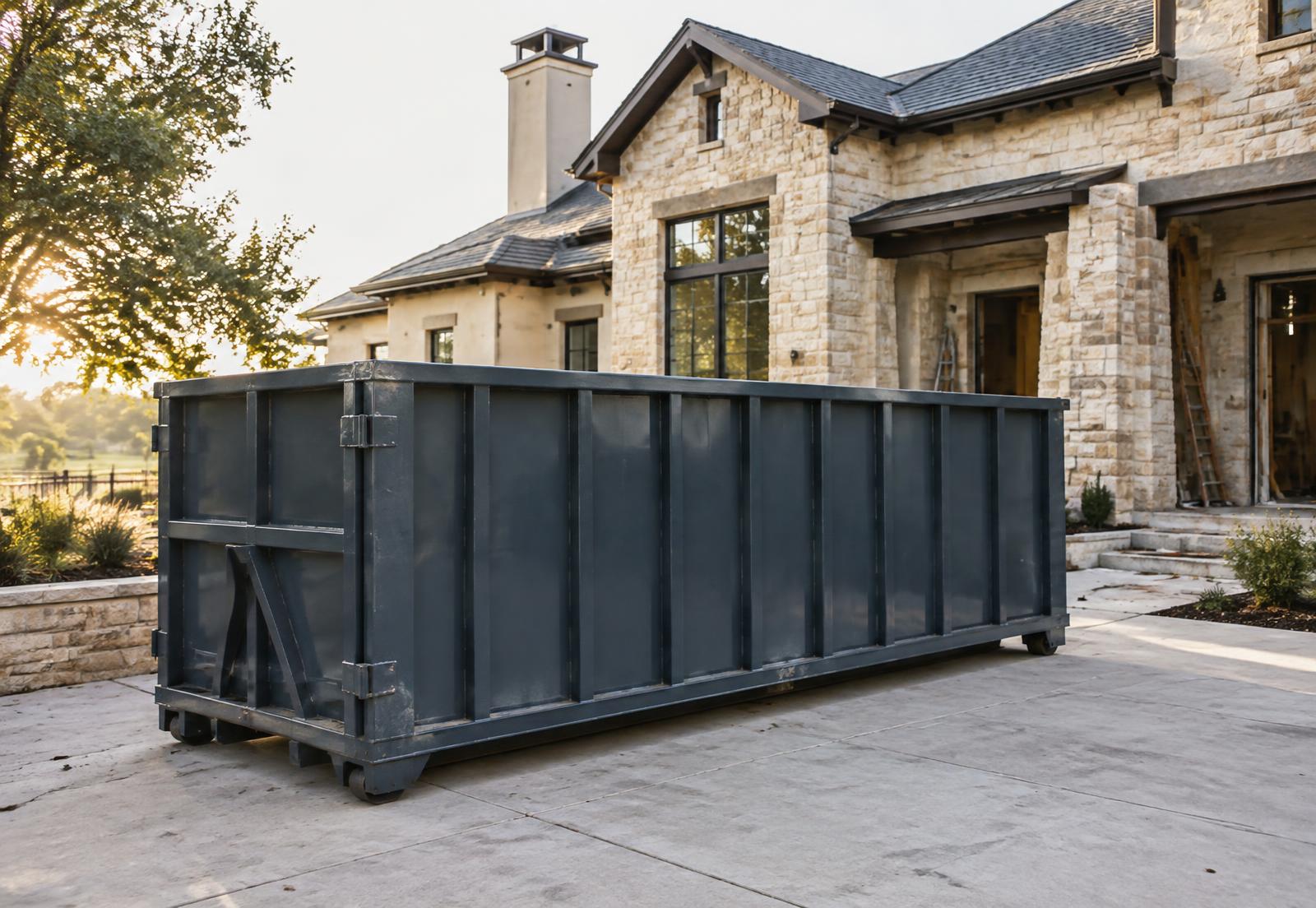 Dark steel roll-off dumpster parked on a residential driveway beside a home renovation project